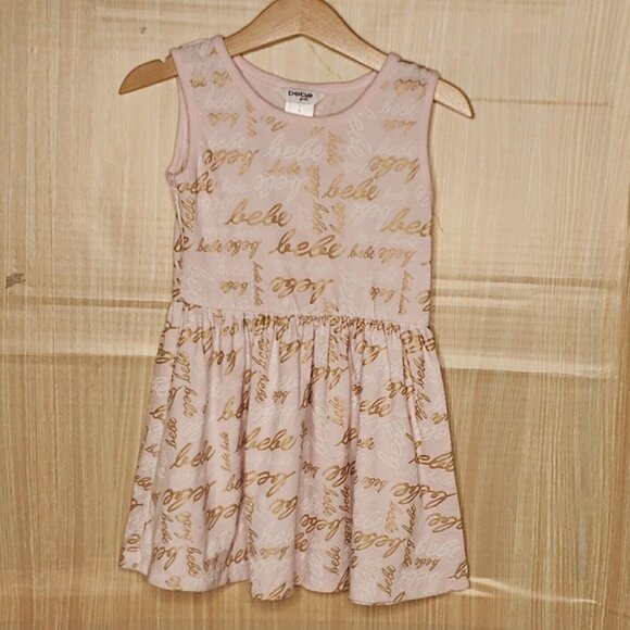 Bebe Girls Pink Metallic Gold Sleeveless Knit Dress 4 - Picture 1 of 5